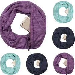 Для любителей унисекс Зимние однотонные теплый шарф петли на молнии потайной карман шаль-кольцо модные повседневная женская обувь шарфы