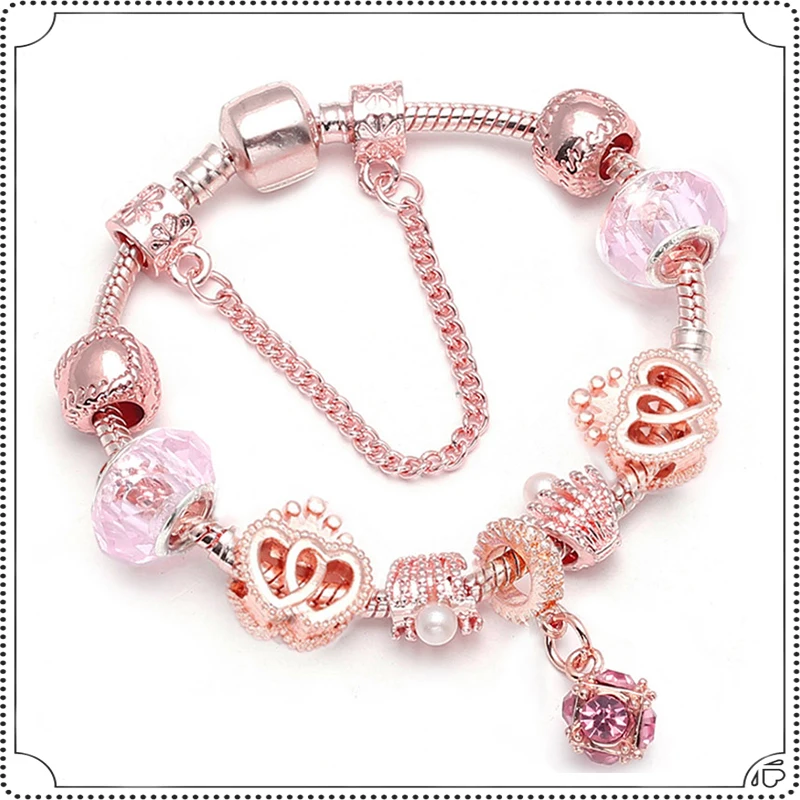 TOGORY Новый Розовое золото Цвет Любовь бисер Pandora браслеты с кристаллами кулон для матери талисманы браслет для матери DIY ювелирных подарок
