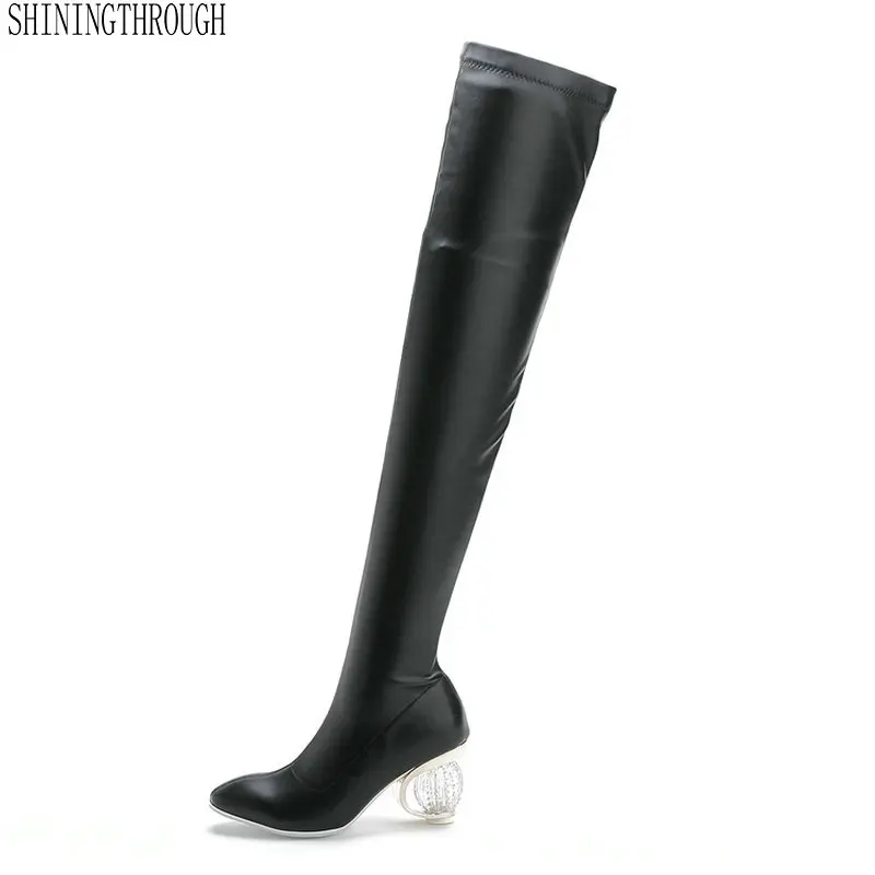 

Sexy Over The Knee High Boots Crystal High Heels Long Warm Snow Boots rouned Toe High Knight Boots Ladies Party Pumps