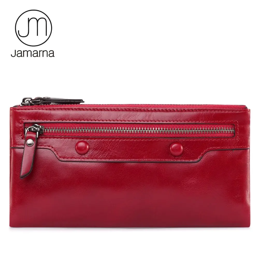 Jamarna Oil Wax Genuine Leather Women Long Wallet Clutch Cowhide Wallet Coin Purse Cards Holder Mobile