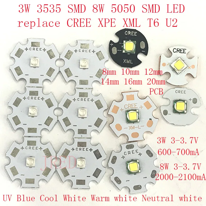 2 шт. 3535 SMD 5050 SMD 3 Вт 8 Вт замена CREE XPE XPG XML T6 U2 10 Вт Красный Белый теплый УФ синий нейтральный белый 8 мм 12 мм 14 мм 16 мм 20 мм PCB