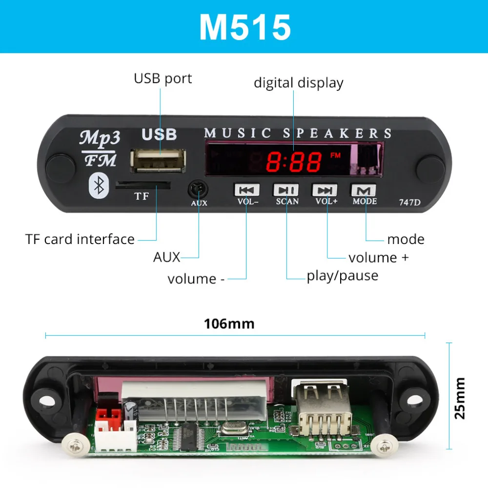 M515 Bluetooth 12 V MP3 WMA Плата декодера стандарта MP3 декодер модуль мультиформатный аудио декодер доска USB TF радио для автомобильных аксессуаров