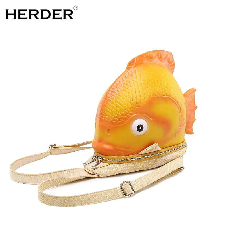 

HERDER Women leather Backpacks 3D fish Creative personality Teenager Cute casual fashion School travel Makeup mobile phone Bag