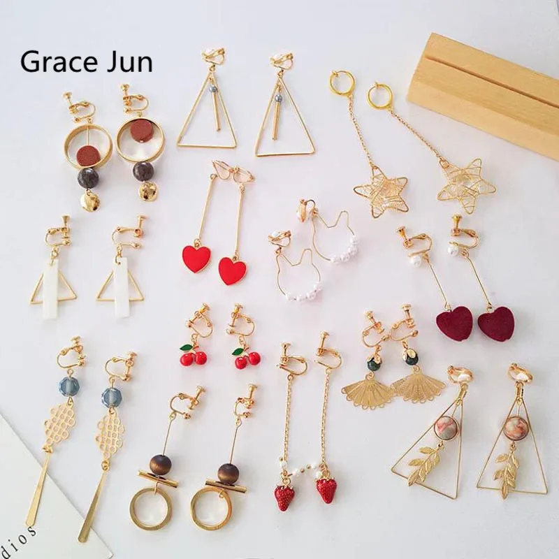 

Grace Jun Korea Style Enamel Heart Bow Fan Geometric Clip on Earrings No Pierced for Girl Party Lovely Earrings Needn't Ear Hole