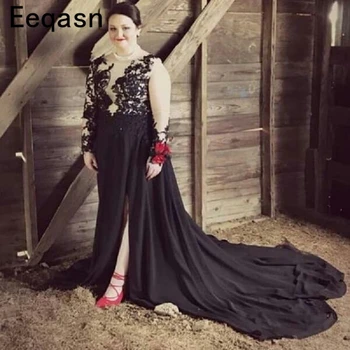

robe de soiree Black Chiffon Long Evening Dress 2019 for Women Lace Applique Illusion Long Sleeve Prom Gown Plus Size