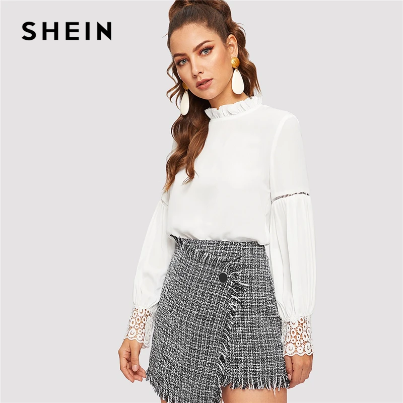 SHEIN White Frilled Stand Collar Keyhole Back Lace Trim Top Lantern ...