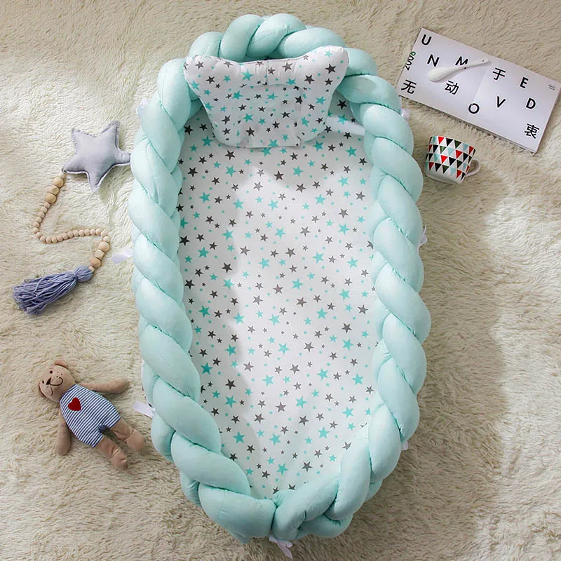 Переносная детская вязаная кроватка с подушкой для новорожденного, спальное гнездо, детская кровать, дорожная люлька, бампер, Съемный и моющийся, 0-24 месяца - Цвет: green