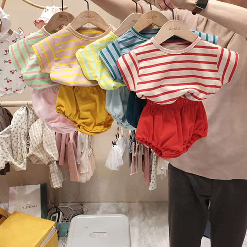 

2019 kids clothes Korean girls clothes set boys summer clothes striped tee solid shorts cute baby suit