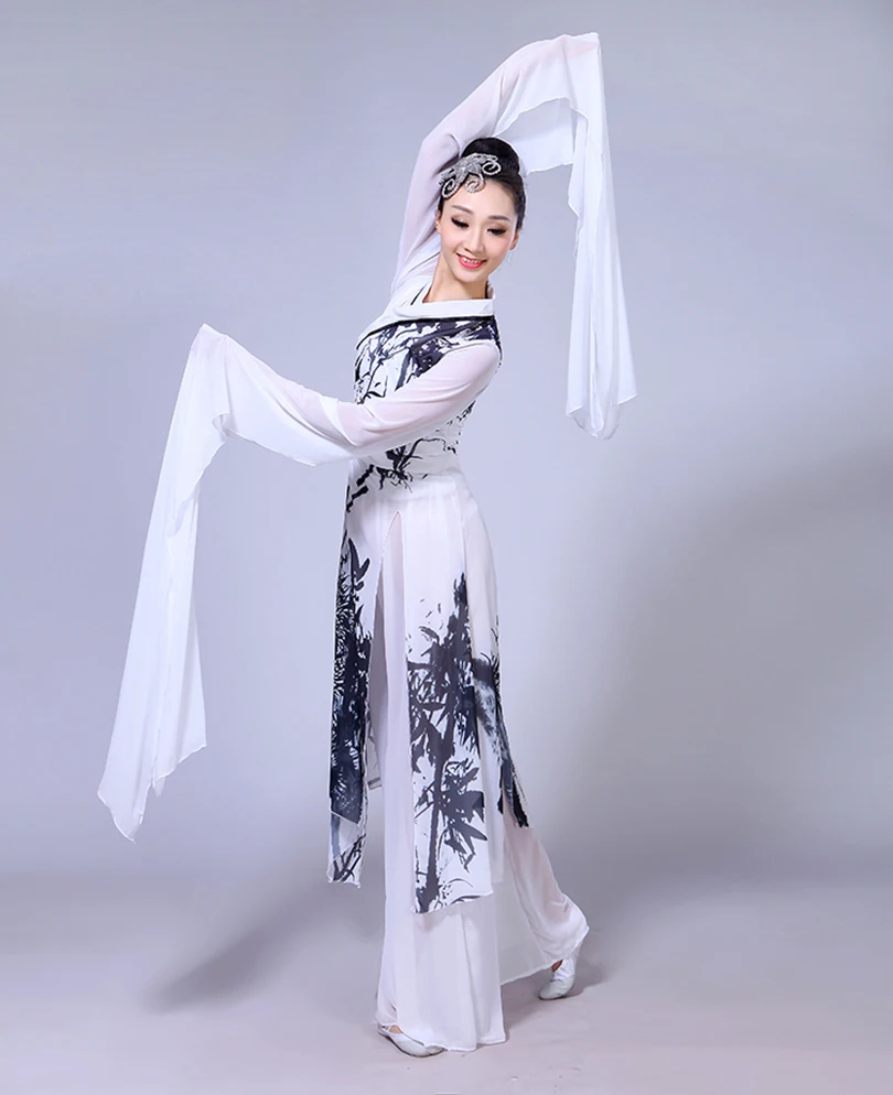 Новая классическая сценическая одежда женская с длинным рукавом шифон китайский стиль чернила танец костюм Yangko одежда квадратный танцевальный набор