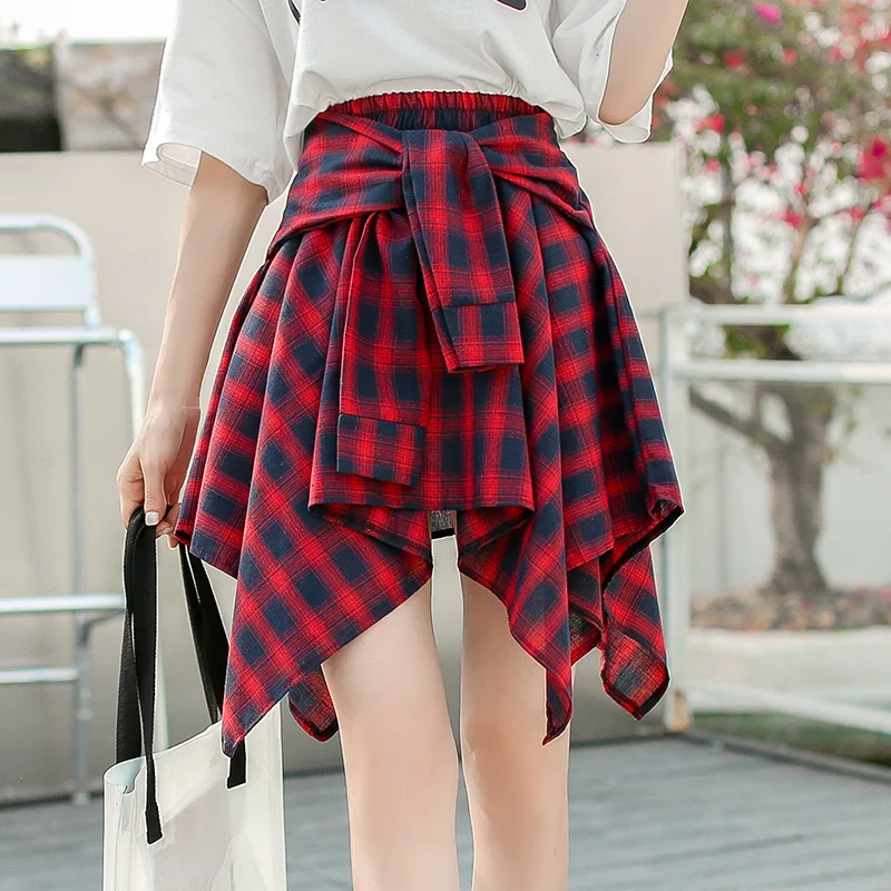 Harajuku плед повязки поддельные два юбка из кусочков Женский Уличная saia Летняя мода Высокая талия женщины сумку облегающая юбка стандартная