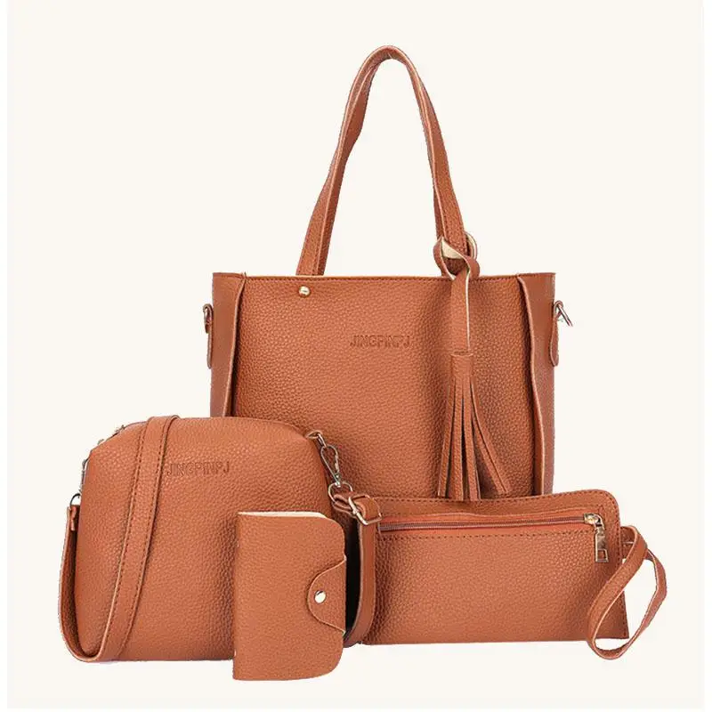 

banabanma 4pcs/set Women Simple Solid Color Fashion Litchi Pattern Bag Set