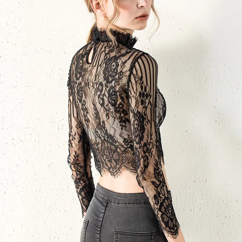 

Lace Womens tops and blouses full sleeve turtleneck short length ladies tops Fashion sexy