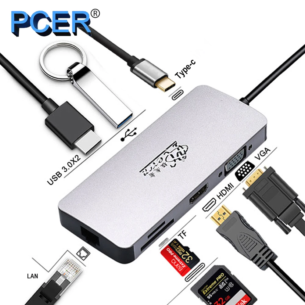 Тип C USB C концентратор к USB3.0 HDMI VGA RJ45 Gigabit Ethernet SD/TF PD зарядки адаптер Тип-c 8 в 1 конвертер для ноутбук, мобильный телефон