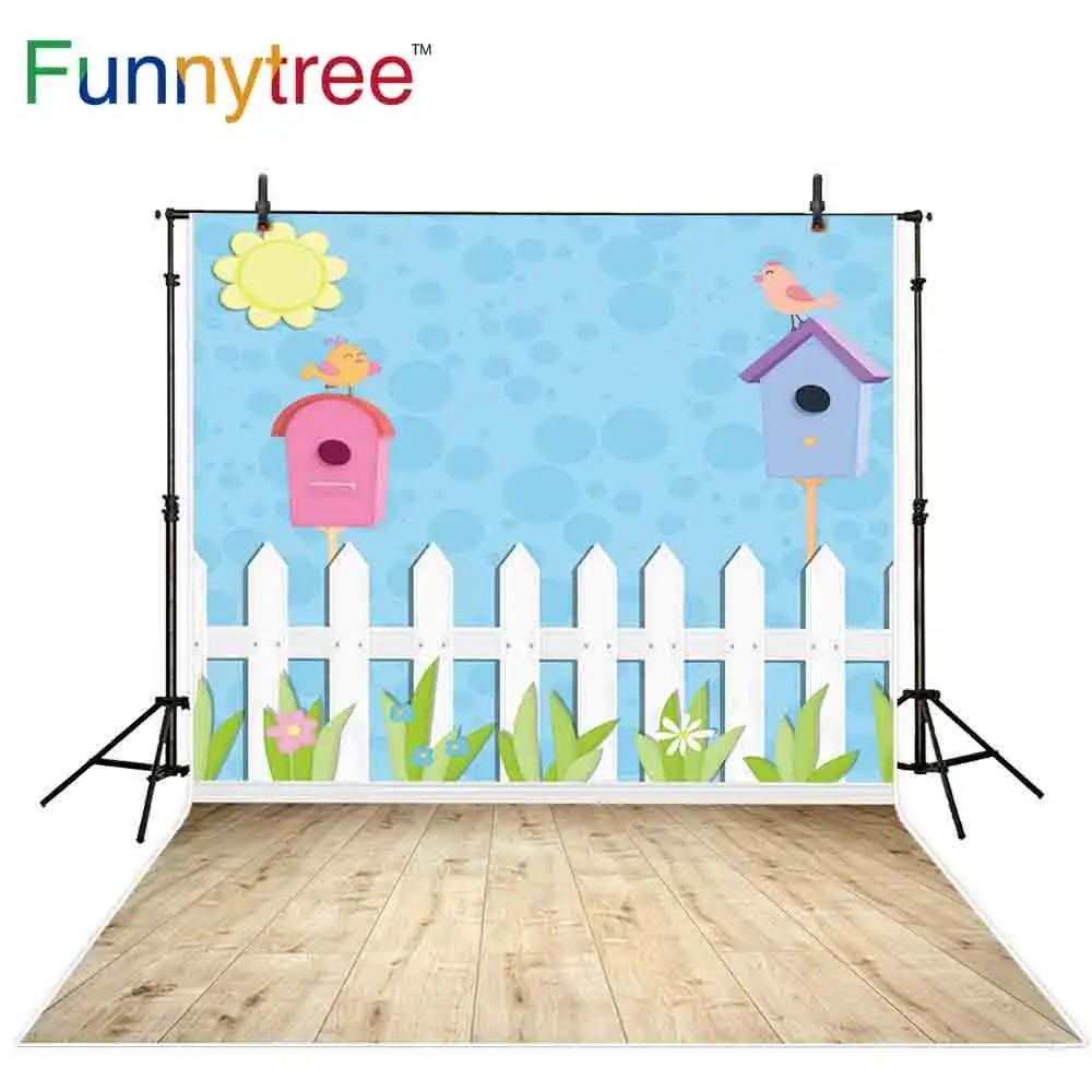 

Funnytree backdrop for photographic studio cartoon fence bird nest wood floor grass children background photobooth photocall
