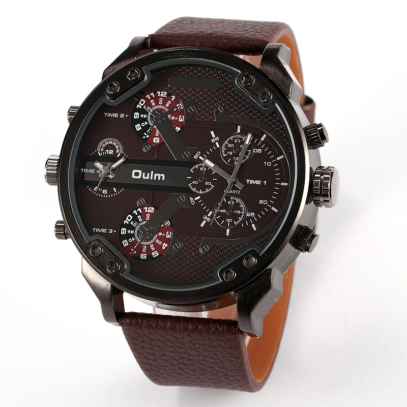 5.6cm Cool Big Case Mens Watches Man Top Luxury Brand OULM Quartz Watch For Men Dual Times Military relogio masculino Male Clock 2