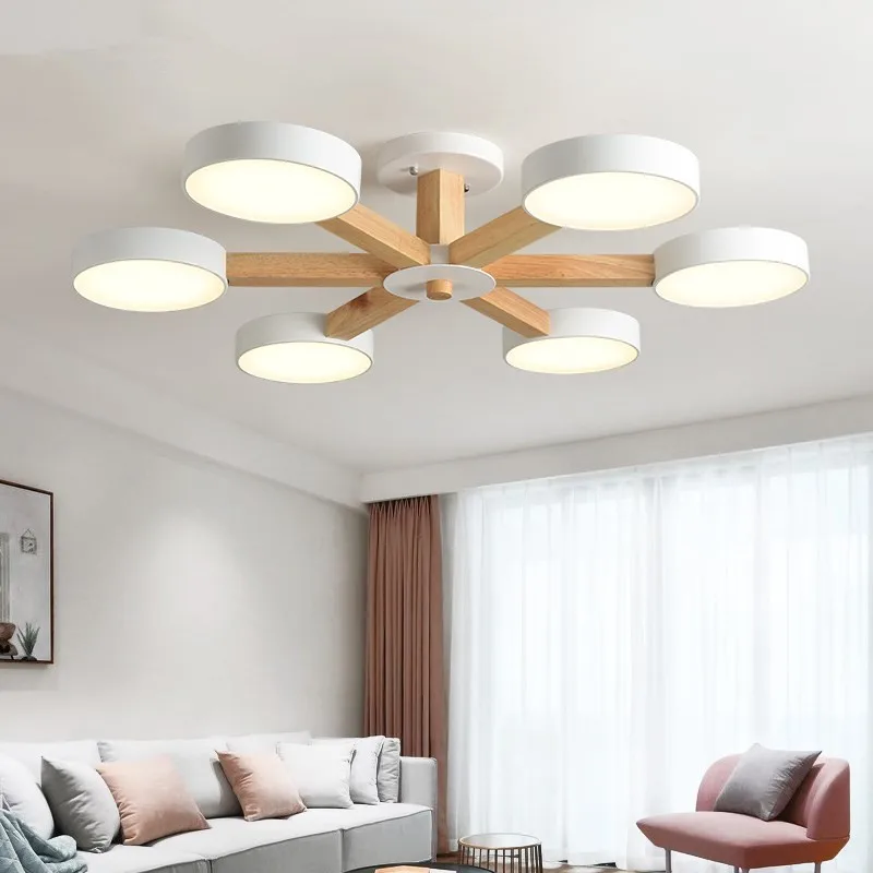 

220V LED Chandelier For Living Room Modern White Lustre Wooden Bedroom Lighting Simple Surface Mounted Chandeliers