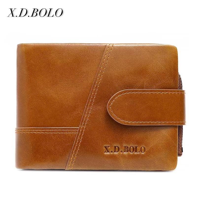 X.D.BOLO Genuine Cowhide Leather Men Wallet Trifold Wallets Fashion Design Brand Purse ID Card Holder With Zipper Coin Pocket - Color: Coffee