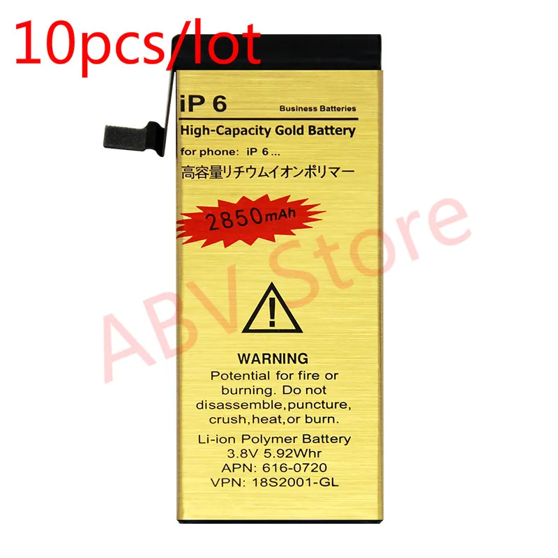 10pcs/lot High Capacity ABV 0 Cycle Gold battery ip6 Replacement battery For iPhone 6 battery-in