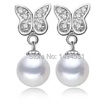 Жемчужных ювелирных изделий, Белый AAA 8 мм подлинные пресноводные жемчужные серьги, Бабочка стерлингового серебра Висячие серьги, свадебный подарок