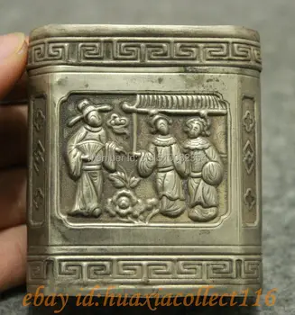 

Old Collect Chinese Miao Silver Folk Man Woman Bird Flower Statue Box Casket