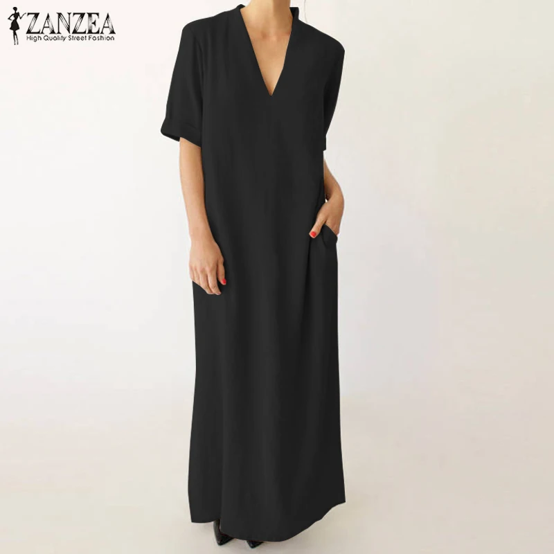 

2019 ZANZEA Summer Casual Women Deep V Neck Short Sleeve Solid Loose Cotton Linen Party Vestido Elegant Work OL Long Dress 5XL