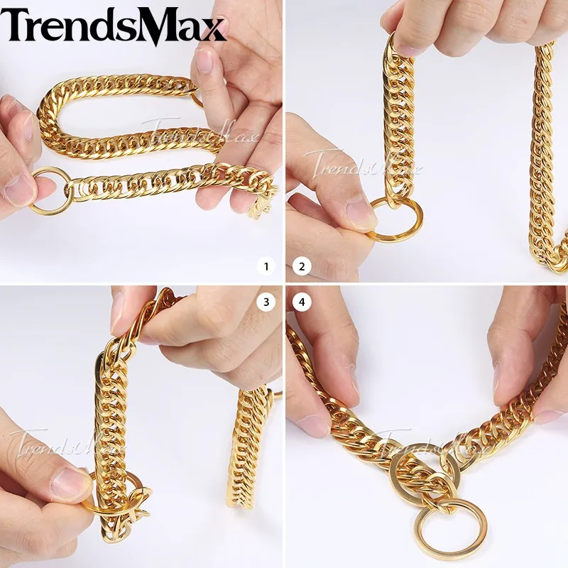 Trendsmax, 13 мм, ширина 12-30 дюймов, золотой тон, двойной бордюр, кубинская Rombo Link, 316L, нержавеющая сталь, ошейник для собак DC12