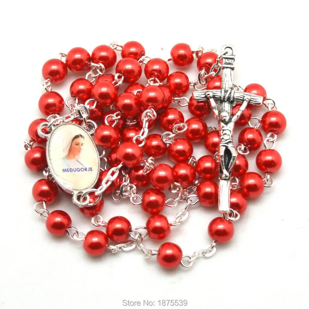 

Red Glass Bead Rosary Necklaces Two Side Different Photos Center Medals Jesus MEDUGORJE