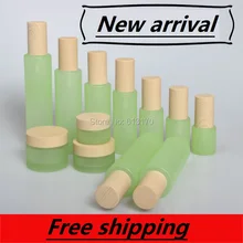 120 мл, 100 мл, 60 мл, 30 мл, 20 мл матовая зеленая стеклянная бутылка для лосьона, крышка под дерево, 30 г 50 г пустая банка для крема, косметическая упаковочная бутылка