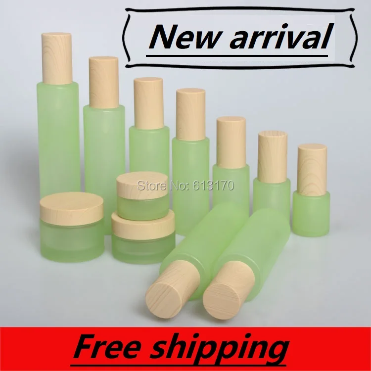 

120ml,100ml,60ml,30ml,20ml Frosted Green Glass Lotion Pump Bottle,Wood Grain Cap,30g 50g Empty Cream Jar,Cosmetic Packing Bottle