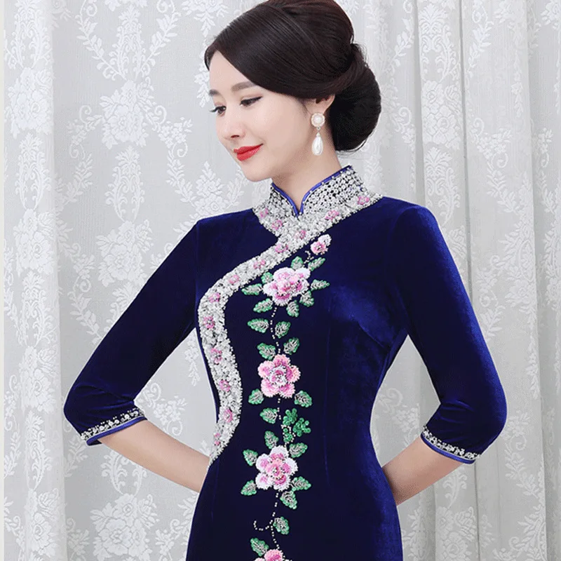 Высокое качество бархатное винтажное платье Ципао длинное Ципао с вышивкой для женщин традиционные китайские Вечерние платья Vestido Восточный