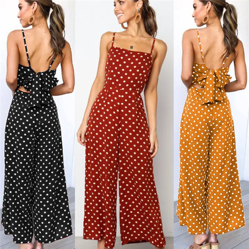 

Plus Size Women Spot Floral Holiday Long Playsuits Summer Dot Print Bow Backless Jumpsuits