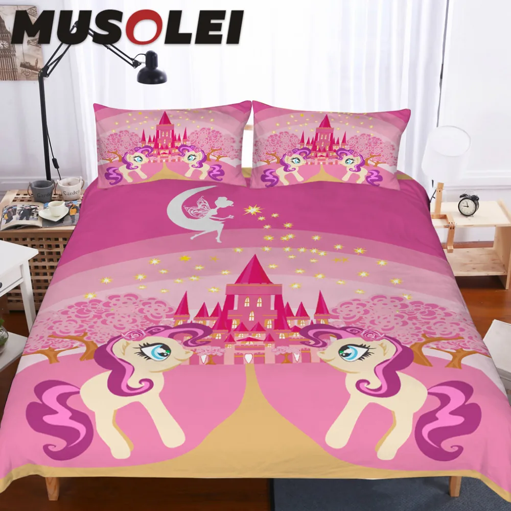 MUSOLEI Cute pink unicorns and castle moon shining stars Bedding set
