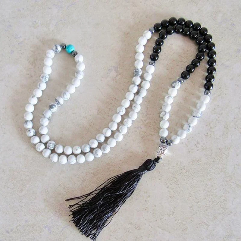 8 мм бусины черный оникс и Белый Howlite Mala ожерелье 108 молитвенные Бусы Будда медитация ожерелье ручной работы черная кисточка воротник