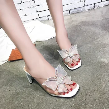 

High Heels Shoes Women Fish Mouth Slippers Female Outside Wear Thick Sandals Big Butterfly Diamond Cool Slippers Party Shoes