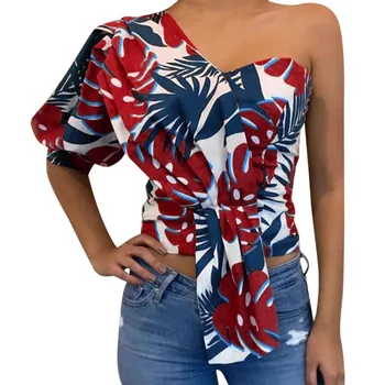 

JAYCOSIN blouses Women Summer fashion sexy Printed One Shoulder Half Sleeve V-Neck Ruffles Tops Blouse poleron mujer 9715