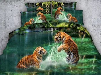 

3D Aqua green Tiger Bedding sets Animal print quilt duvet cover bedspreads bed sheet linens California King size Queen twin 4PCS