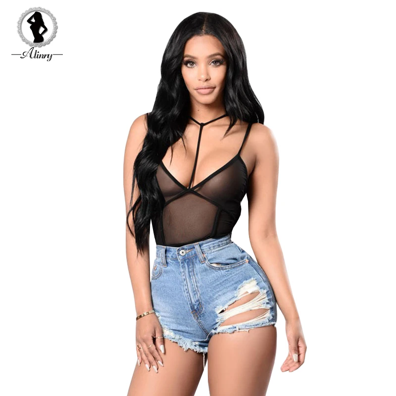 ALINRY sexy mesh bodysuit top summer sleeveless backless halter short rompers womens jumpsuit deep v transparent casual overalls | Женская