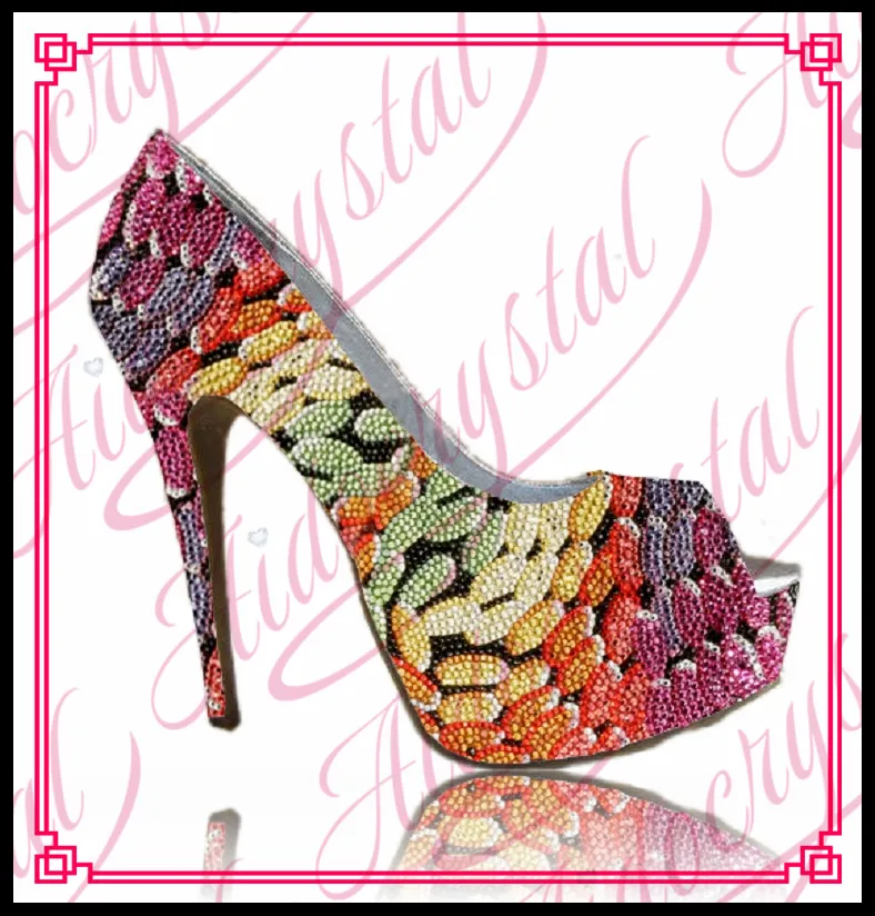 Aidocrystal Party Wear Women High Heels Rainbow Color Rhinestone