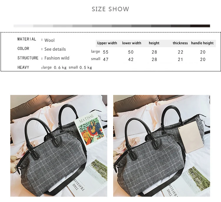 Short-distance Travel Bag Female Handbag Wool Large Capacity Waterproof Men Diagonal Fitness Bag Black Plaid Pattern Duffel Bag