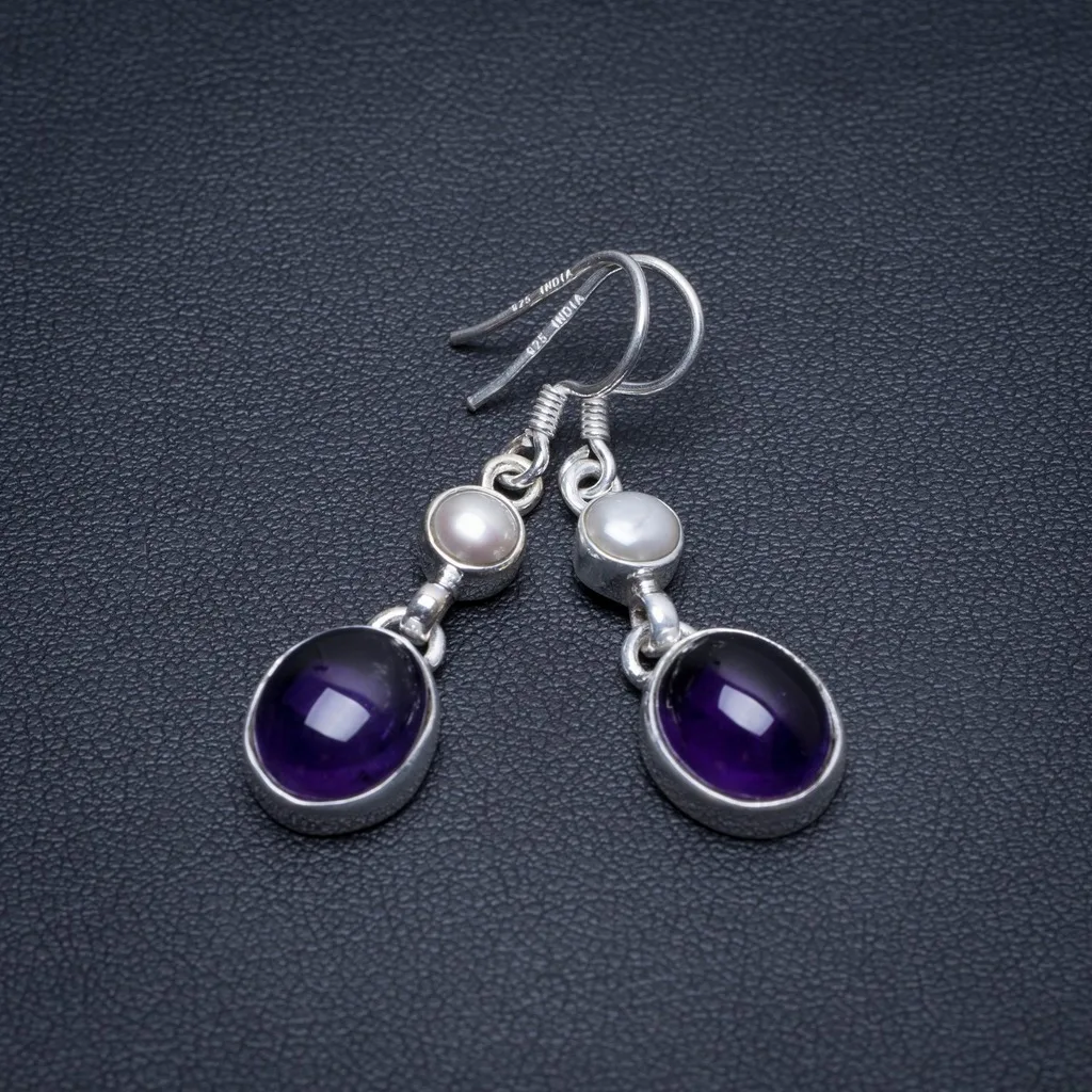 

Natural Amethyst and River Pearl Handmade Boho 925 Sterling Silver Earrings 1 1/2" S1849