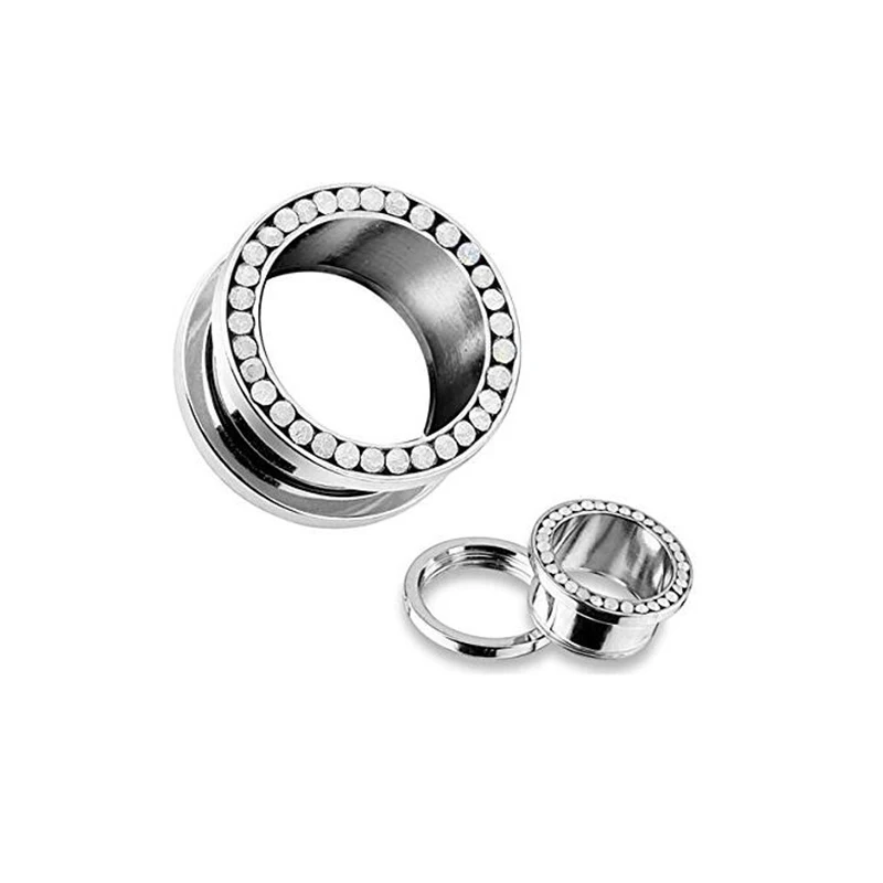 1 Pair = 2 pieces Surgical Steel Screw Fit Rim Gemmed ear plug gauges