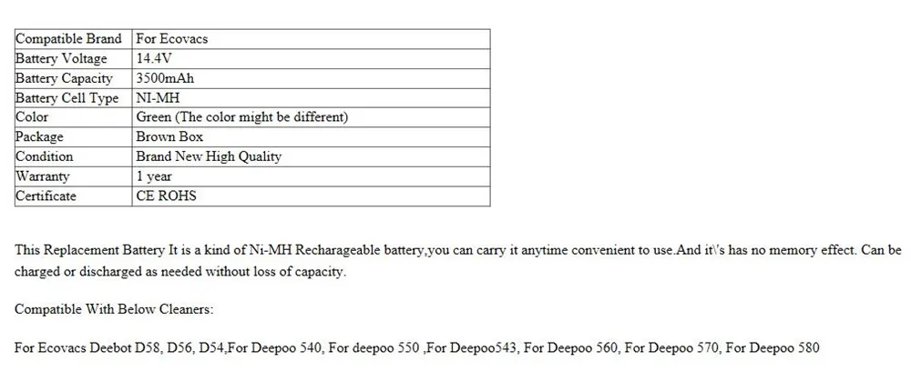 HWB 14,4 V 3500 мА/ч, металл-гидридных или никель очиститель Батарея Для Ecovacs Deebot 540/550/560/570/580/D58/D56/D54