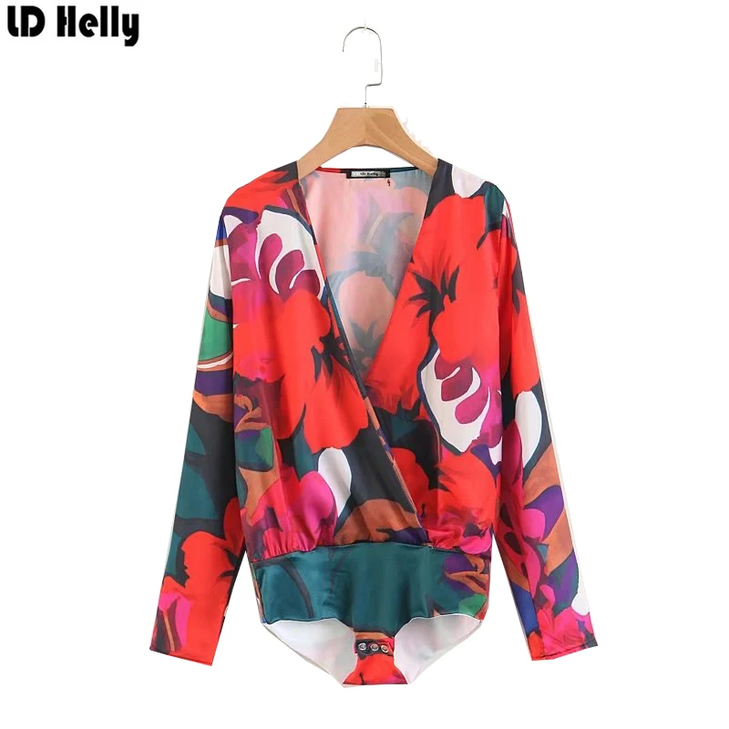 

LD Helly 2018 Sexy Deep V-Neck Floral Print Playsuit Blouses For Women Spring Long Sleeve Rompers Style Shirt Tops Blusas Mujer