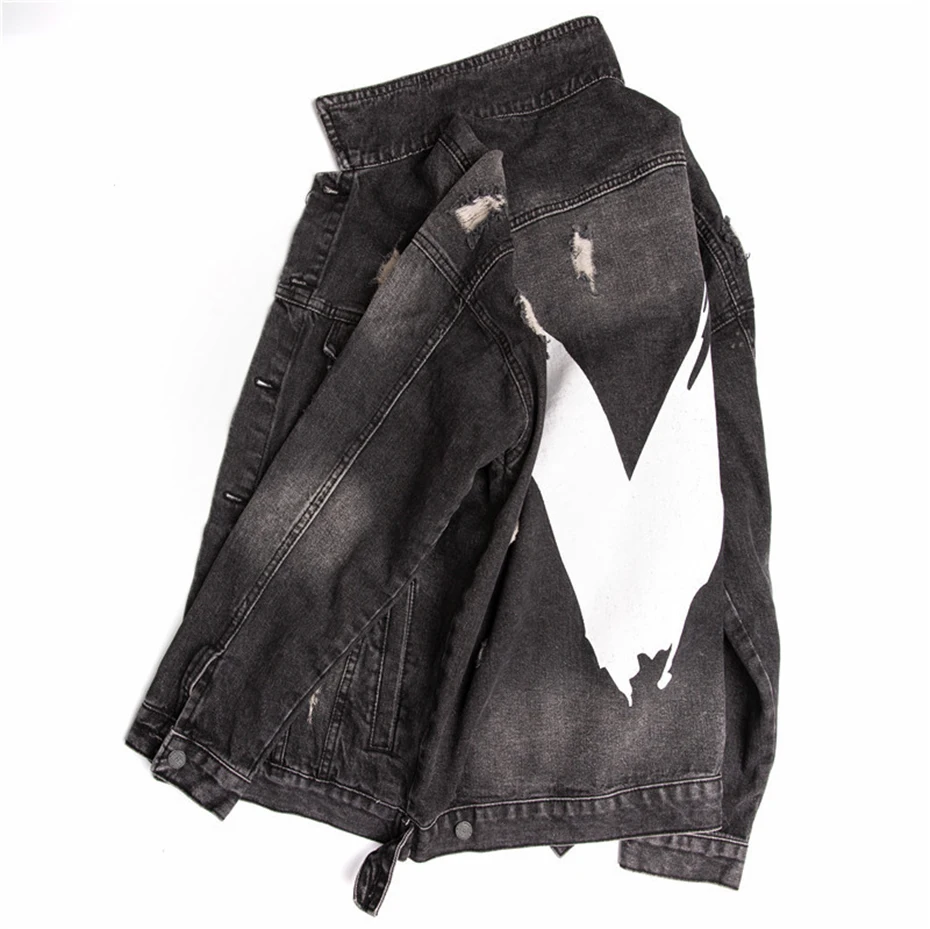 ABOORUN хип хоп Мужские Негабаритных джинсовые куртки большой V печатных рваные джинсовые куртки модные уличные пальто для пар x1522