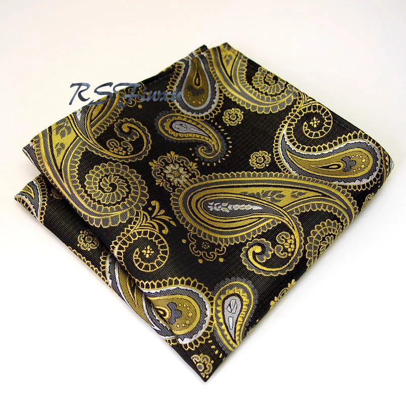 Free Shipping Paisley Black Yellow Silk Hanky 100 Mens Pocket Square