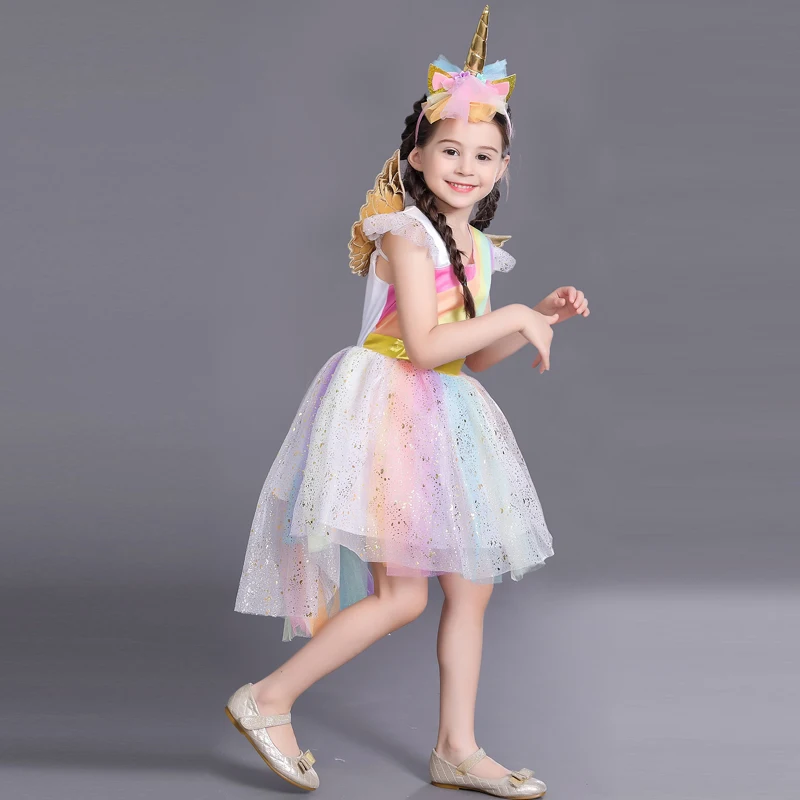 Летнее платье-пачка принцессы с цветочным рисунком для девочек с единорогом, крыльями и радугой; Детский карнавальный костюм на Хэллоуин с единорогом и лошадью; праздничные платья