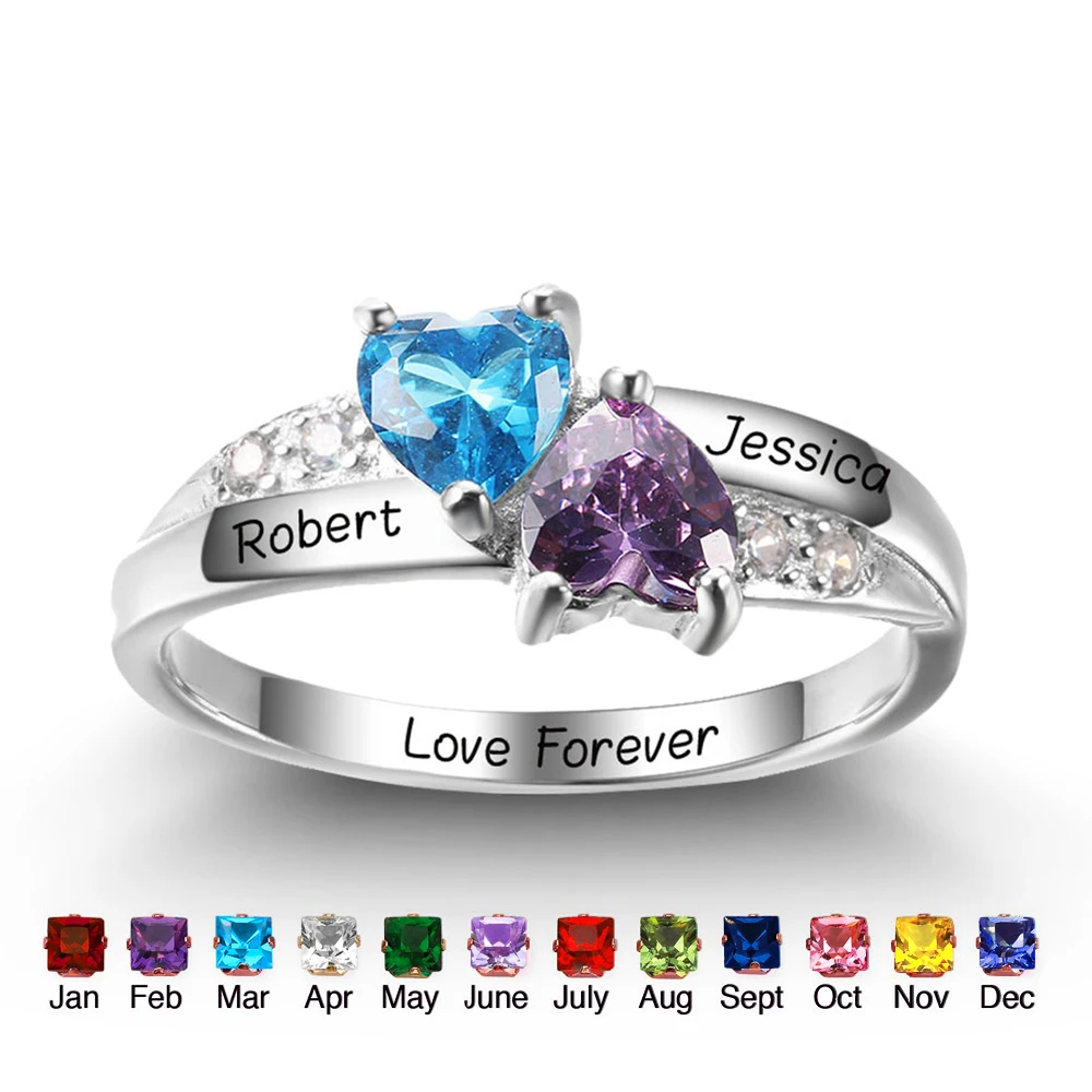 

Personalized Customized Birthstone Heart Rings 925 Sterling Silver Promise Rings For Her DIY Any Names Ring Free Engraved