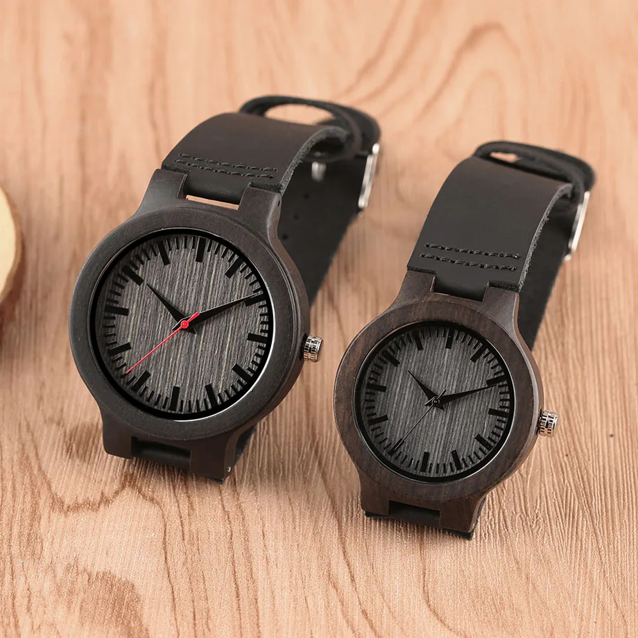 Minimalist Sandal Wood Watch for Couple Brand Design Black Real Leather RedBlack Second Hand Quartz Bracelet Sweetheart Gift  (10)
