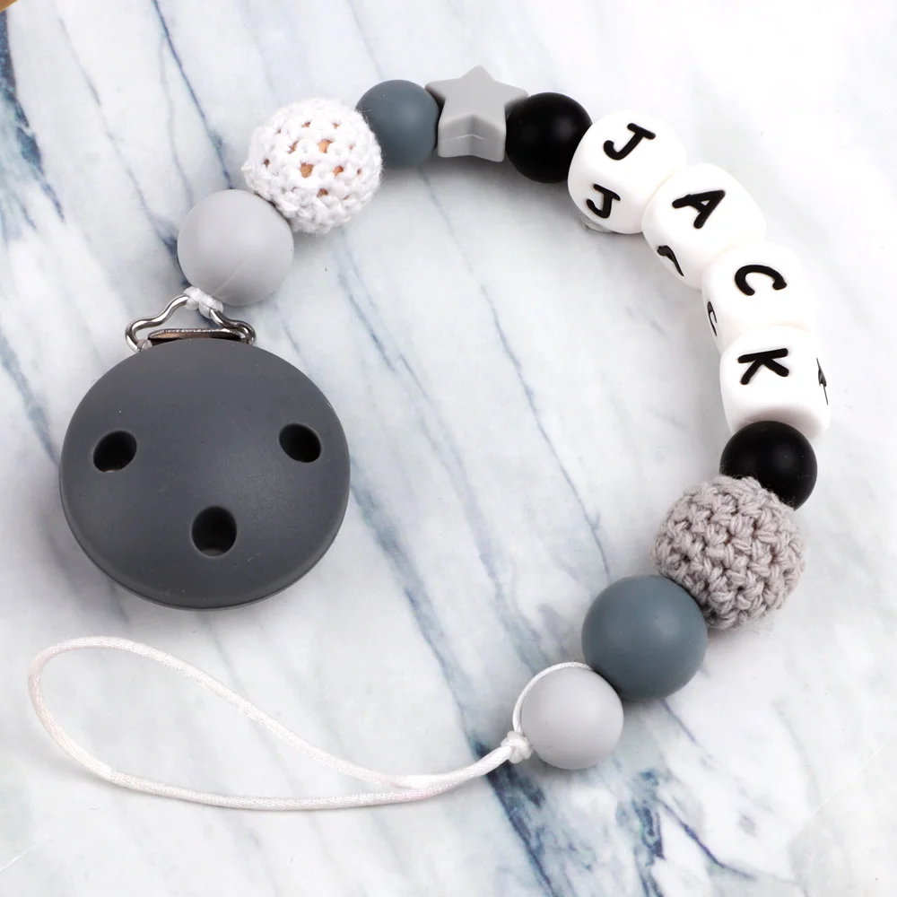 

TYRY.HU 1pc Crochet Wooden Beads Baby Pacifier Clip Personalized Name DIY Colorful Pacifier Chain For Baby Shower Gift BPA Free