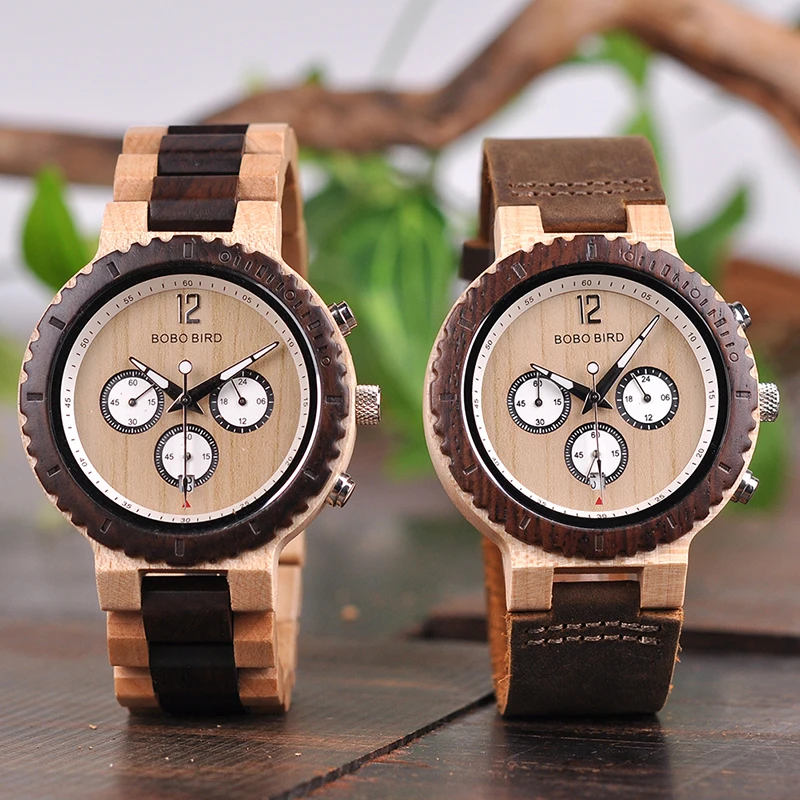 BOBO BIRD Two-tone Wooden Watches for Men Engraved Leather Chronograph Watch with Date Display relojes hombre 2018